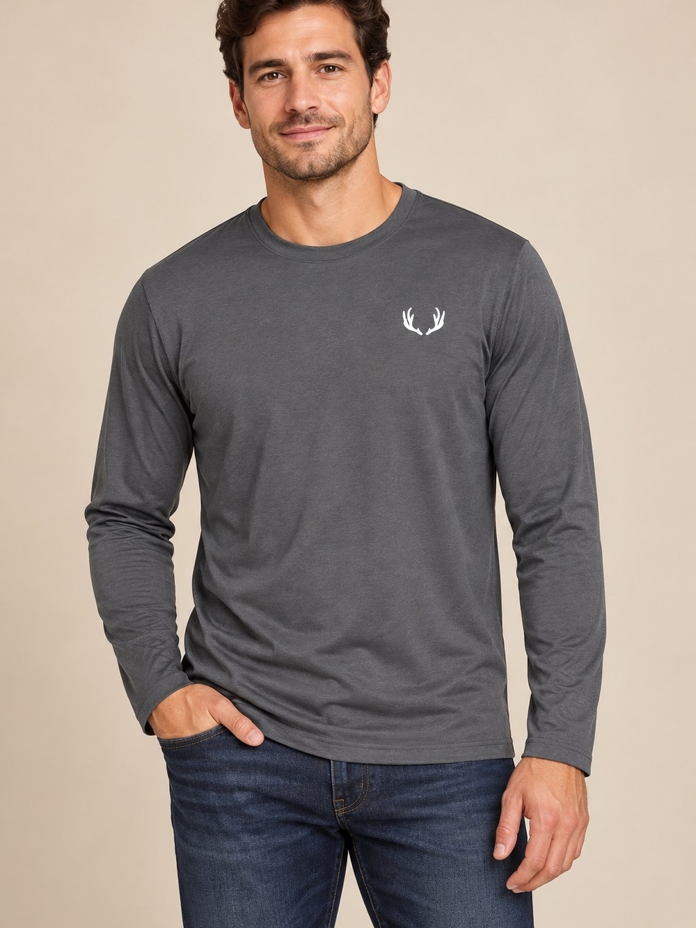 Men’s XL Charcoal Long Sleeve T-Shirt White Antler Chest Graphic Hunting